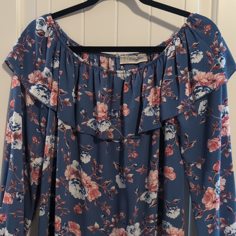 Callie MacFloral Off-Shoulder Ruffle Blouse - Blue/Pink - Picture 3 of 3